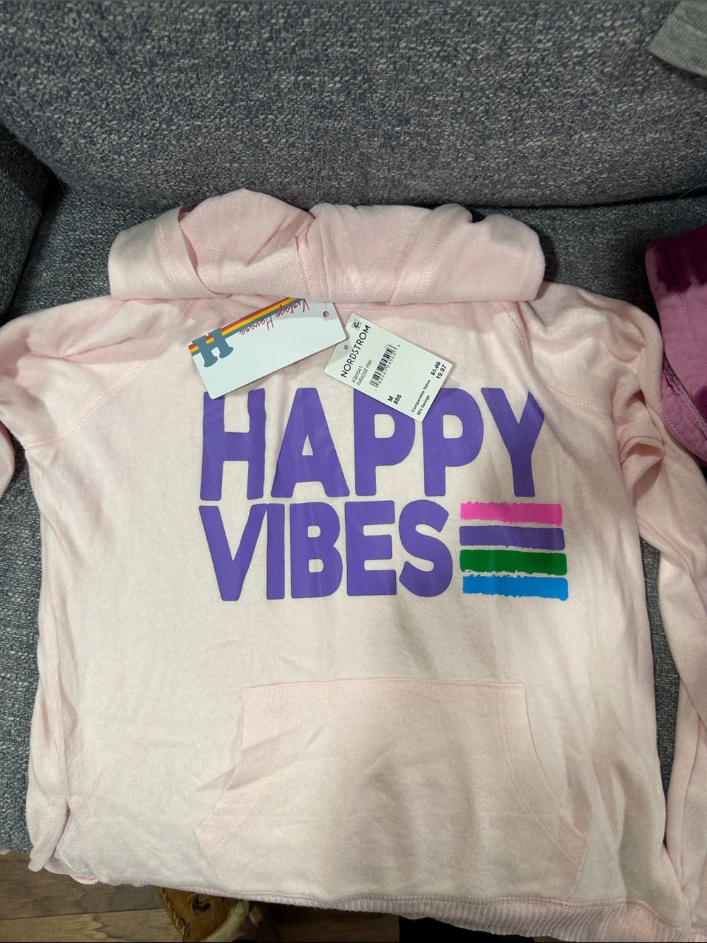 Vintage Havana Pink Hoodie with Purple "HAPPY VIBES" and Color Stripe